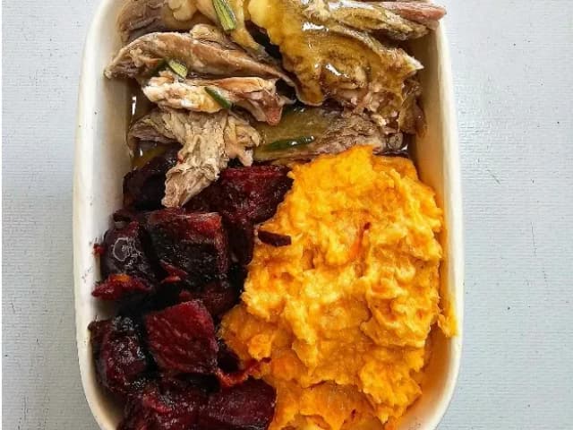 Slow-cooked Pulled Pork served w/ Season Roasted Beetroot & Sweet Potato Mash