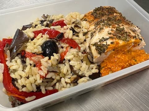 Seared Chicken Breast w/Wild Rice and Med Veg Medley & Romesco