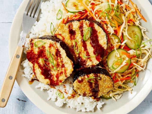 Tempura Eggplant with Pickle slaw and White Rice