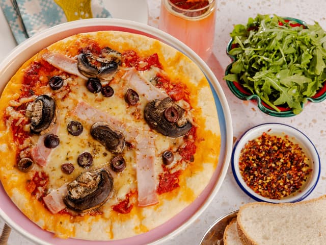 Bacon, Mushroom and Olive Pizza