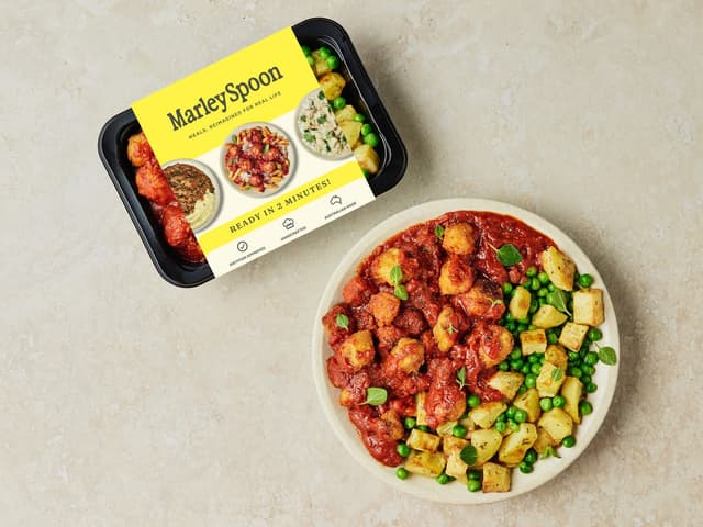 Chicken Parmi Bites with Roast Potatoes and Minted Peas