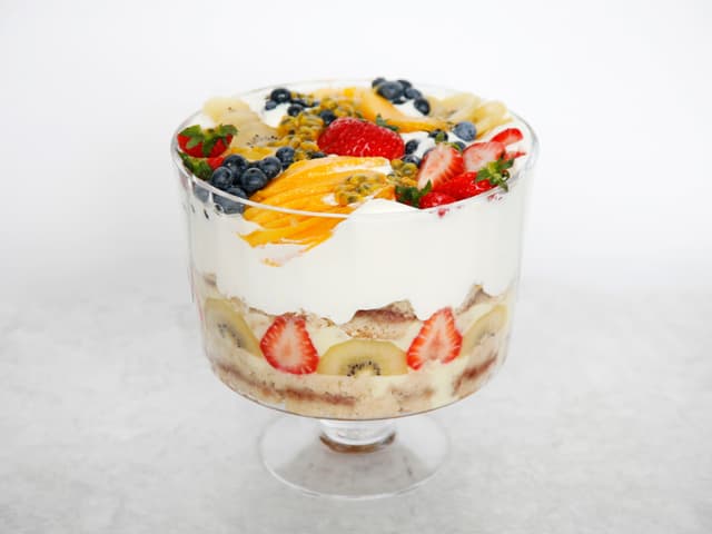 Festive fun trifle with fresh fruit, custard and cream