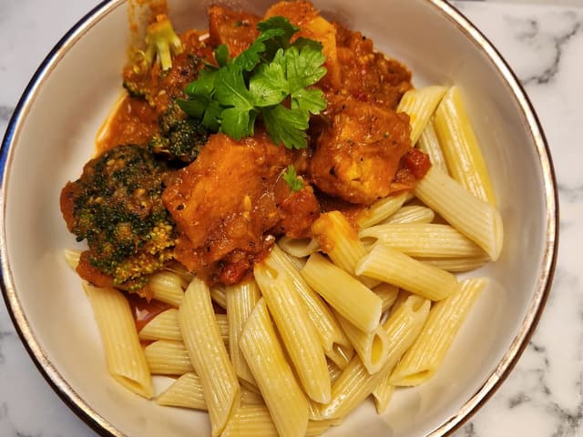 Tuscan Roast Veg Pasta with cooked Prawns