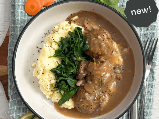 Salisbury Steak and mushroom Meatballs, Greens and Mash