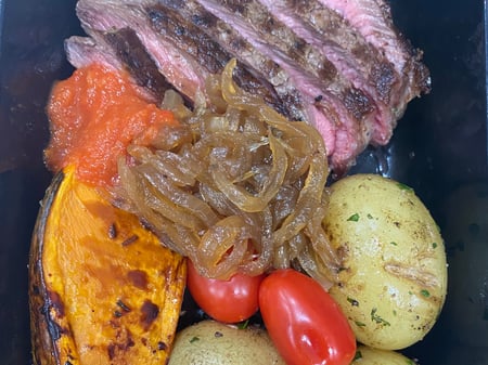 Rump Steak with Chat Potatoes, Onion Jam & Zesty Tomato Relish