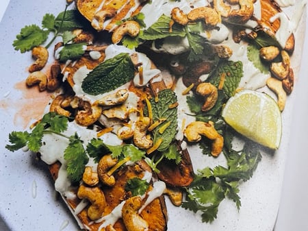 Roast Sweet Potato with Lime Cashew Cream and Curry Cashews