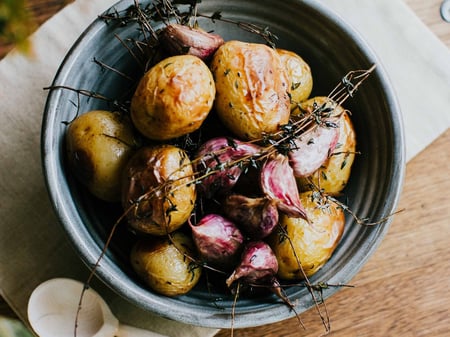 Garlic, thyme, and rosemary new potatoes