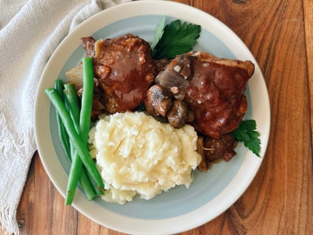 * Coq au vin with green beans and mashed potatoes