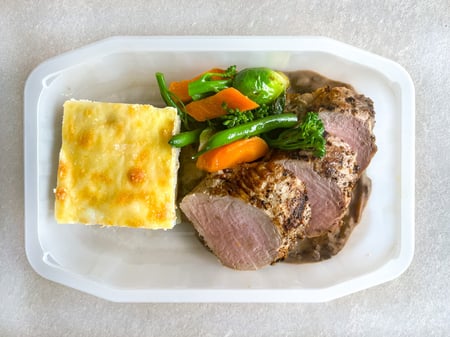 Pork tenderloin, potato gratin, seasonal vegetables and mushroom sauce