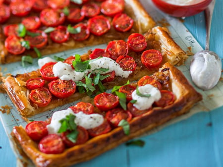 Baked tomato & caramelised tart, feta crumble, balsamic glaze