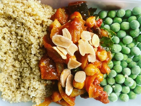 Eggplant and Chickpea Tagine with Lemon, Almond Quinoa and Peas