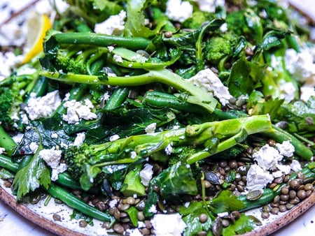 Grilled Broccolini, Green Beans, Pumpkin Seed, Lentil and Goat's Cheese