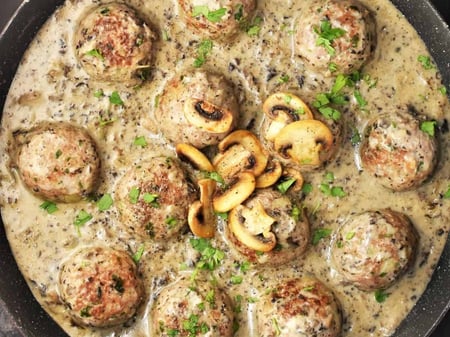 Chicken and Ricotta Meatballs in Creamy Mushroom Sauce w/ mash and vegetables