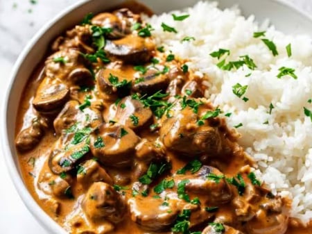 Beef Stroganoff and steamed rice