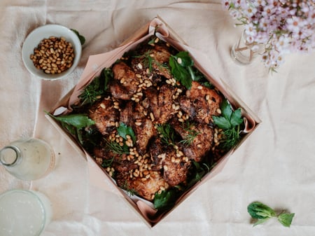 Huda's Chicken Musakhan w/ Sumac Onions & Pine Nuts