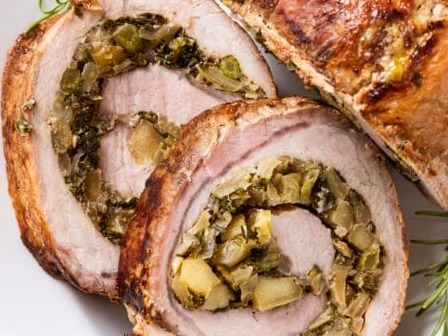 Roasted Porchetta with Apple, Cabbage and Roast Potatoes