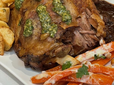 Slow Roasted Shoulder of Lamb with Sala Verde & Jus