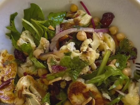 Roast cauliflower, chickpea and haloumi salad.