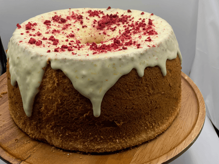 Orange Chiffon Cake, Sour Cream Glaze and Freeze Dried Raspberries