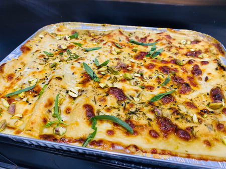 Chicken lasagne with asparagus ,leek, mushroom and pistachio