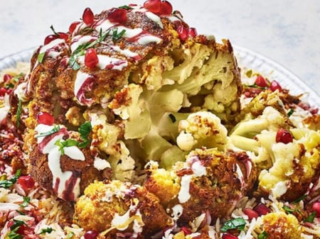 Whole Roasted Christmas Cauliflower with Cranberry Rice Pilaf