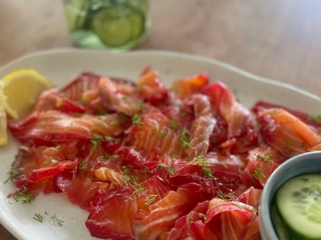 Beetroot Cured Ocean Trout with Pickled Cucumber & Horseradish