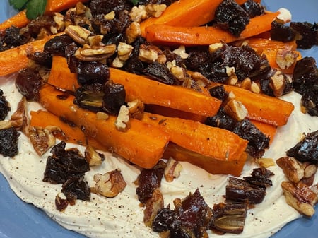 Honey Glazed Carrots with Dates and Pecans and yoghurt sauce