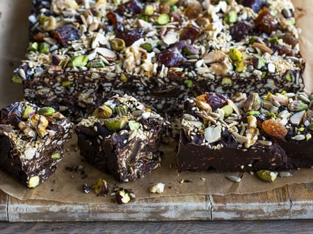 Sticky Date, Pistachio and Seedy Dark Chocolate Slice