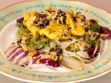 Saffron Chicken Salad w Pine Nut & Currant Dressing