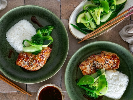 Teriyaki chicken, Green vegetables and Jasmine Rice