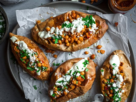 Baked Sweet potato fondant, red pesto chickpeas, vegan aioli