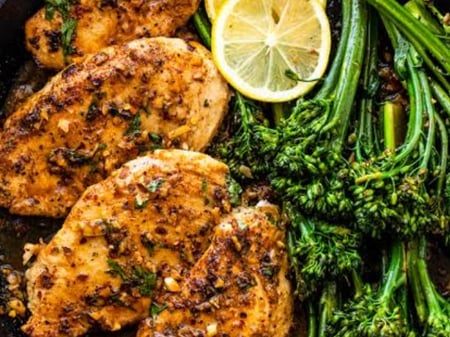 Marinated chicken with Lemon, Herbs & Garlic, Broccoli and Hazelnut Salad