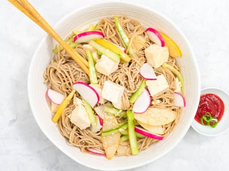 Korean buckwheat noodle salad with Asian pear and tofu