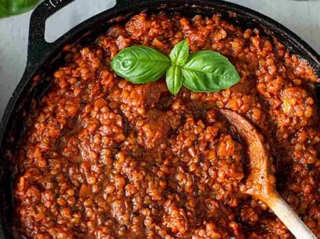 Lentil Bolognese with Smashed Potato and Cashew Cream