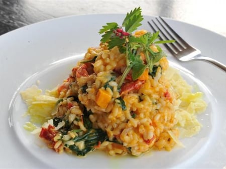 Roast Pumpkin, Spinach & Cherry Tomatoes Risotto