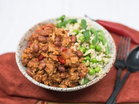 Chicken Chili Con Carne, Greens & Rice | High Protein