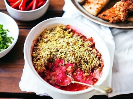 Rhubarb, Strawberry & Ginger Crumble