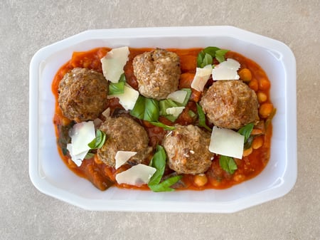 Beef Sausage meatballs with peppers and eggplant tomato stew