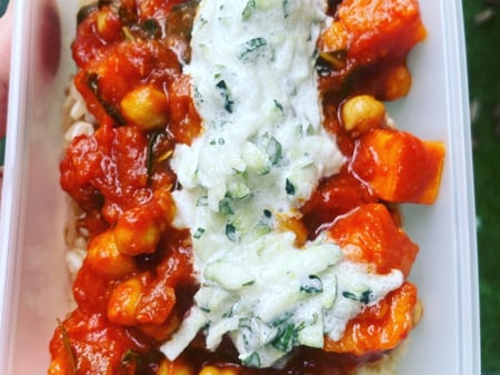 Chickpea, Tomato and Spinach Curry with Cardamon Rice and Raita