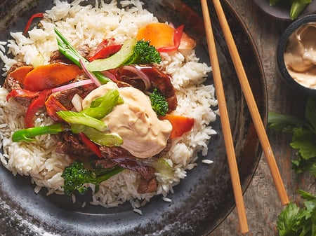 Japanese Beef Bowl with Rice, Pickled Onion & Japanese Mayo