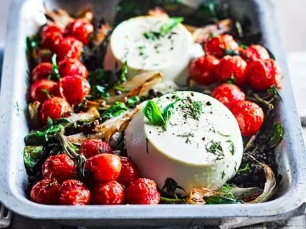 Roast summer vegetable salad Baked ricotta, pesto, cherry tomatoes and chilli