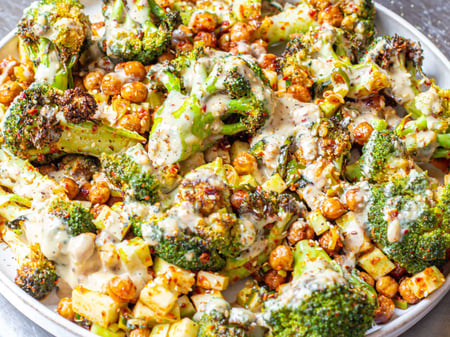 Charred Broccoli and Crispy Chickpea Salad, Tahini Dressing