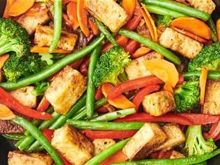 Stir-fried Gochujang Veggies w Fried Tofu, Coconut Rice