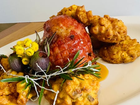 Glazed Otway ham steaks with Corn fritters  and maple pepper glaze.