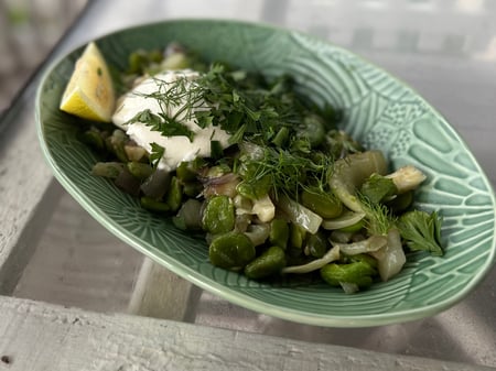 Braised fennel with broad beans, yoghurt and fresh herbs