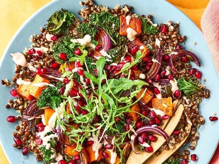 Roasted pumpkin with quinoa and lentils and a tahini dressing