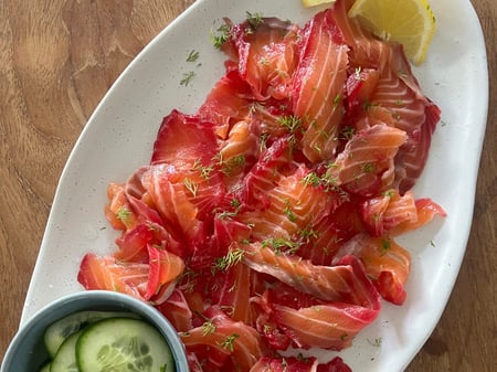 Beetroot Cured Ocean Trout with Pickled Cucumber & Horseradish