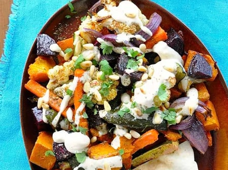 Persian Chick Pea Salad with…Beetroot, roast cauliflower, parsnip, sweet potato