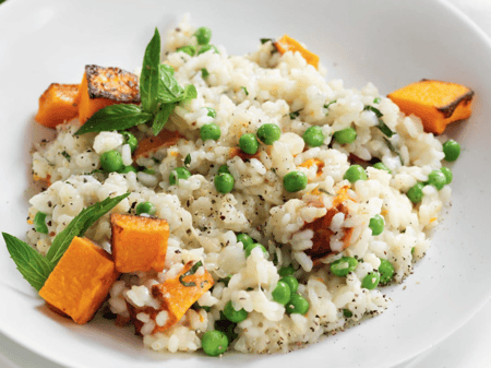 Roasted Pumpkin and Pea Risotto w/ crispy Chorizo