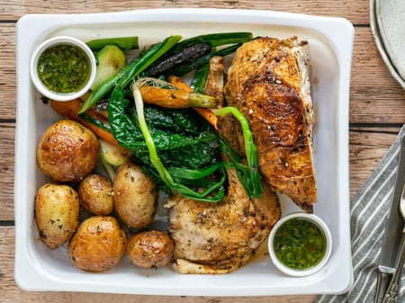 Rosemary & lemon chicken roast, potatoes, salsa verde